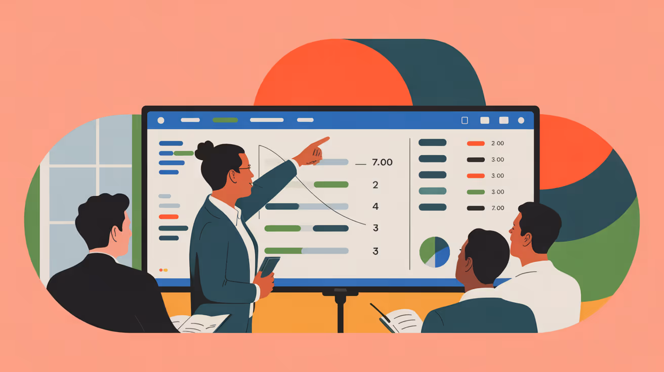 Product manager presenting feature value analysis to team members in collaborative workspace