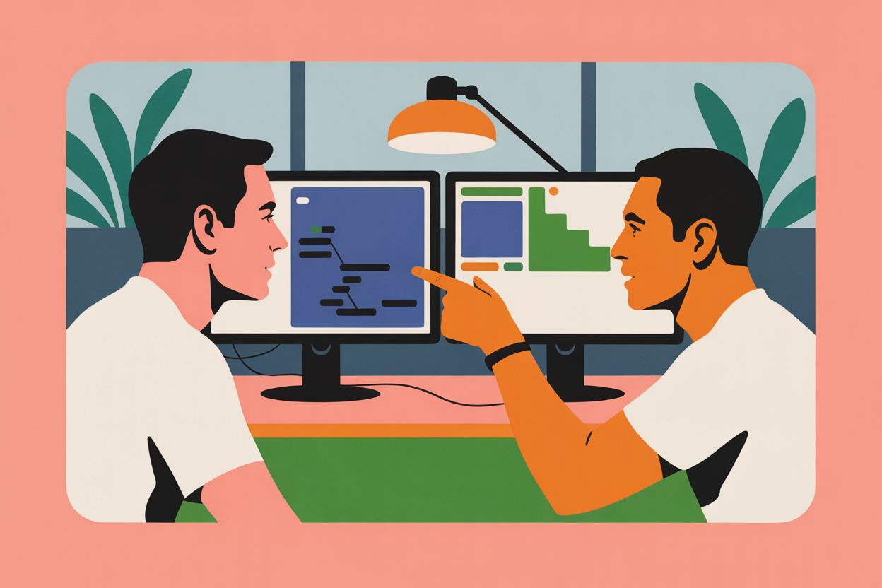 Two developers collaborating on workflow orchestration and AI feature integration at workstations