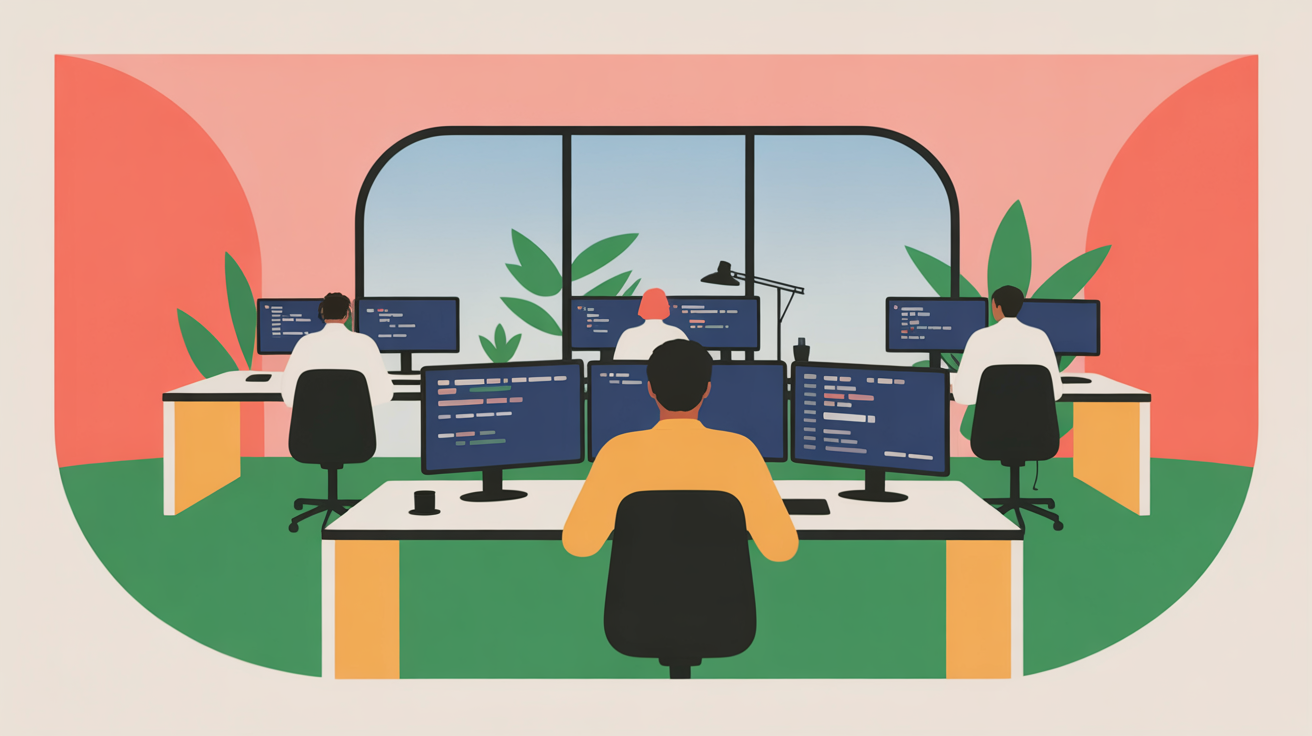 Modern software development workspace with team collaborating on AI projects in naturally lit office