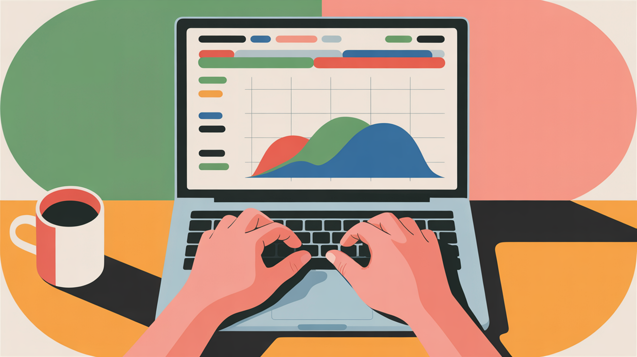 Close-up of hands typing on laptop with data visualization visible on screen, coffee cup nearby on wooden desk