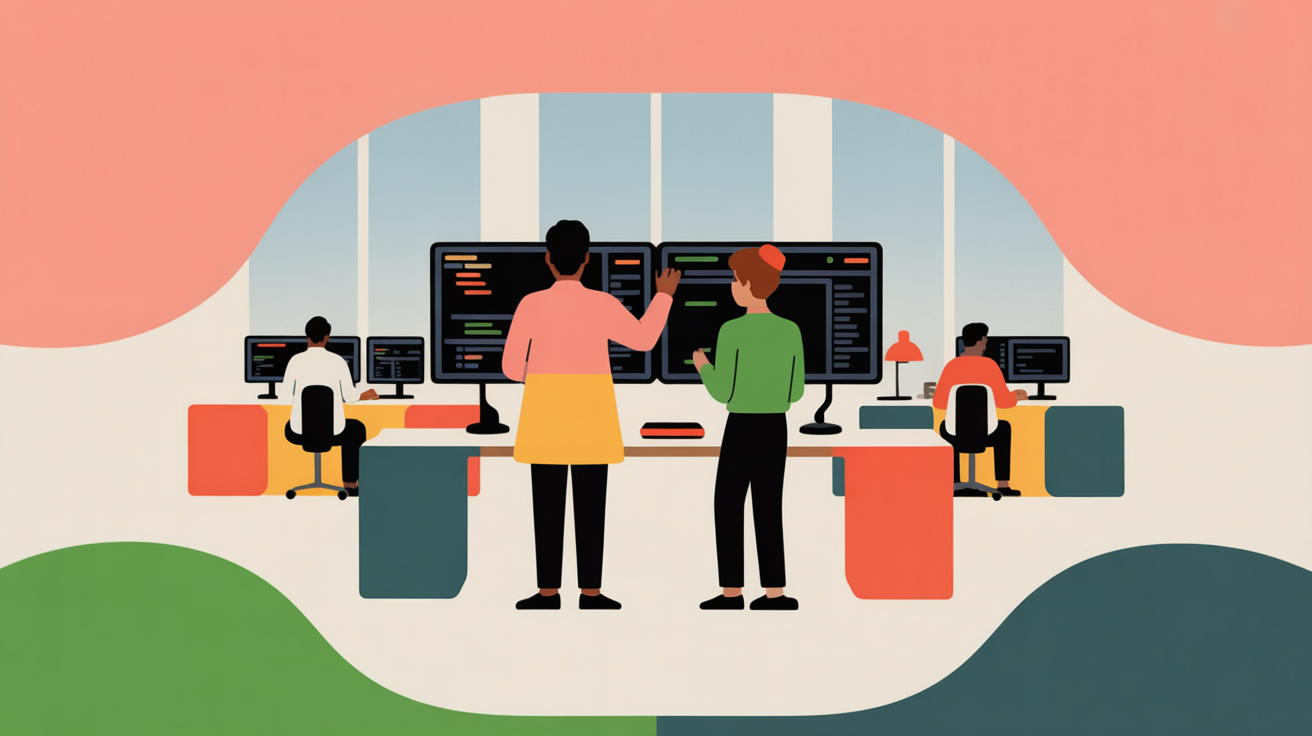 Two software developers collaborating at a standing desk in a bright modern office with multiple monitors