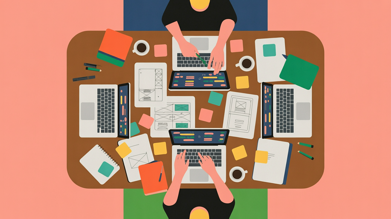 Overhead view of collaborative work session with sketches, documents, and laptops spread across a conference table