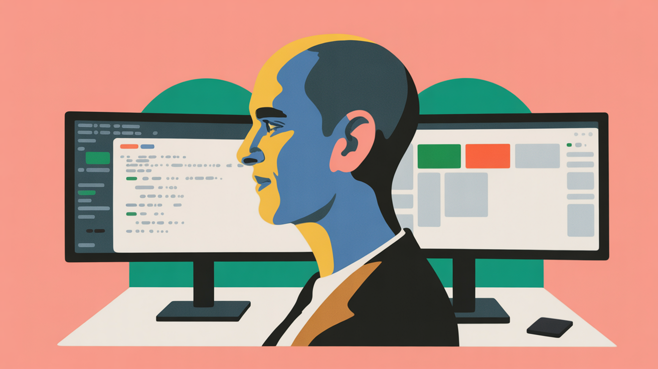 Side profile of professional at standing desk with dual monitors in early morning light