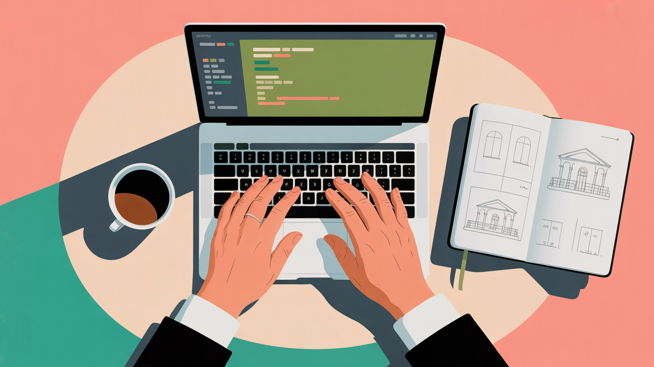 Overhead view of developer's hands typing on laptop with coffee and notebook containing technical diagrams