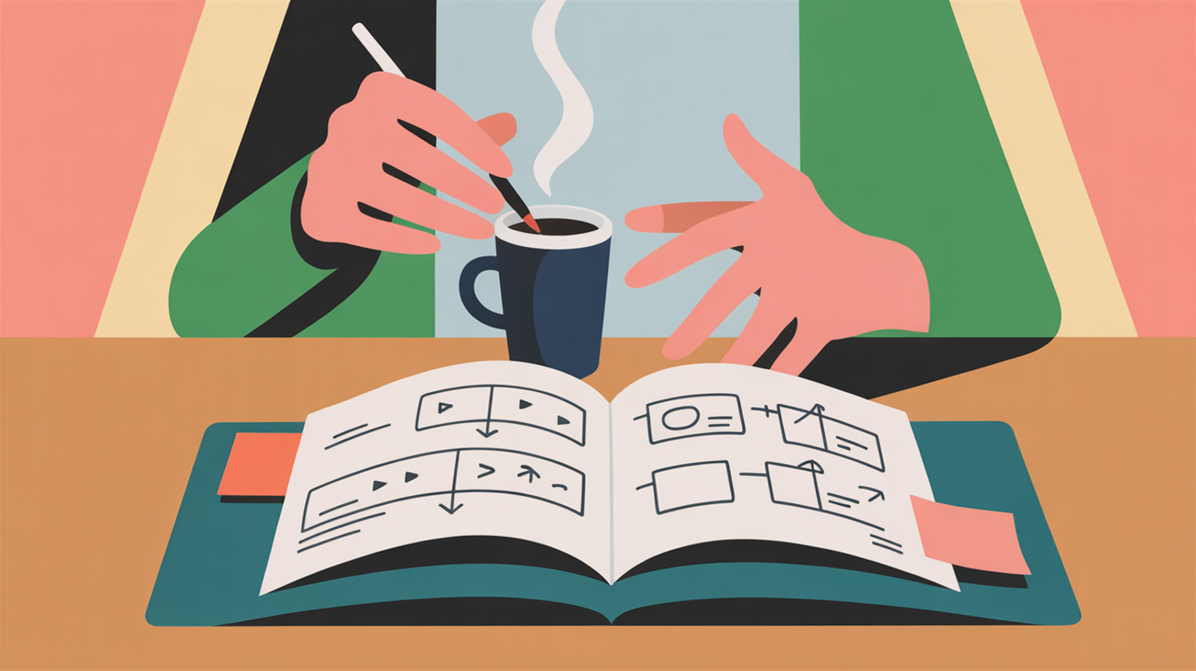 Close-up of hands sketching problem validation notes in notebook during planning session