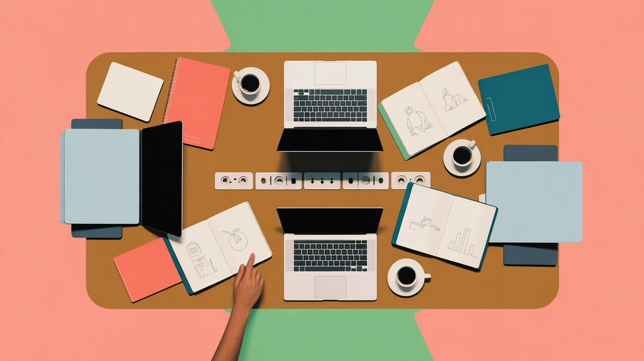 Overhead view of collaborative meeting with laptops, notebooks, and coffee on wooden table