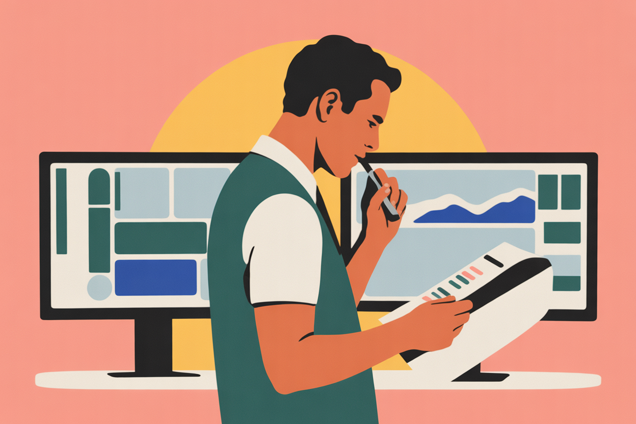 Property manager in profile reviewing financial documents at standing desk with natural side lighting