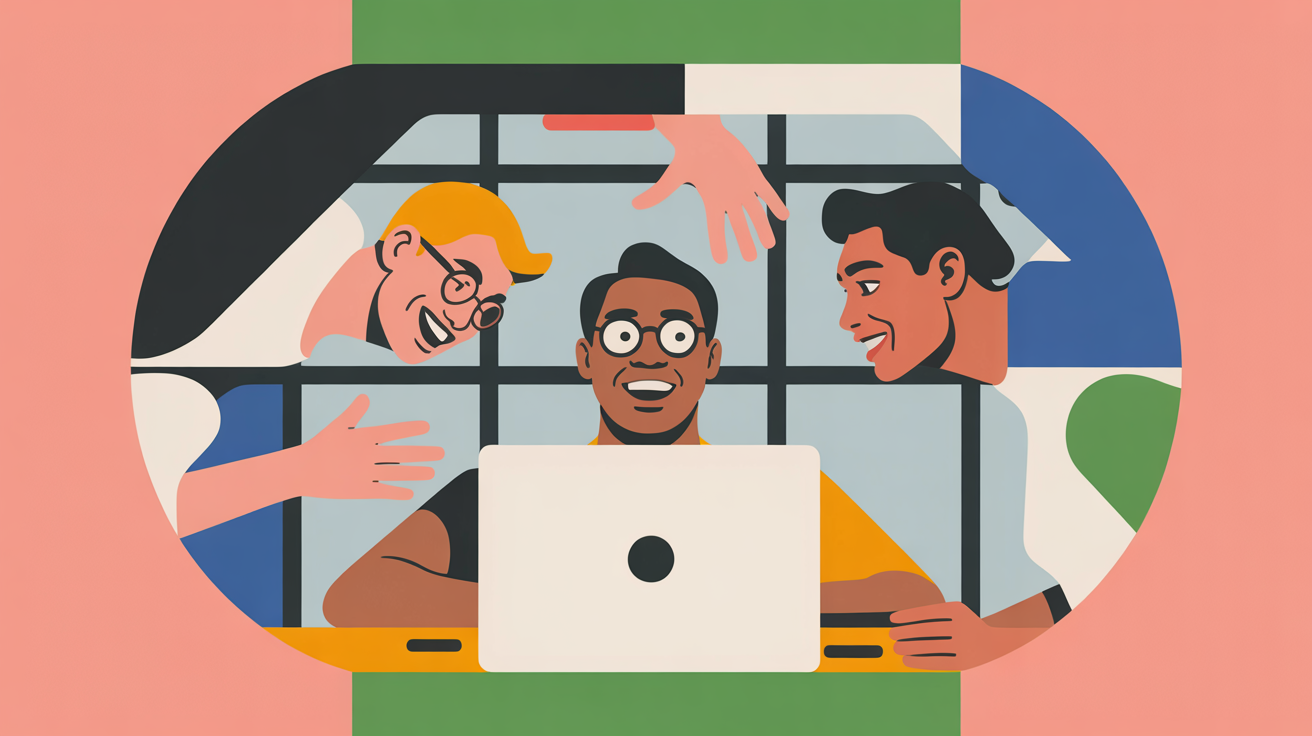 Team of property management professionals collaborating around laptop in modern office with natural lighting