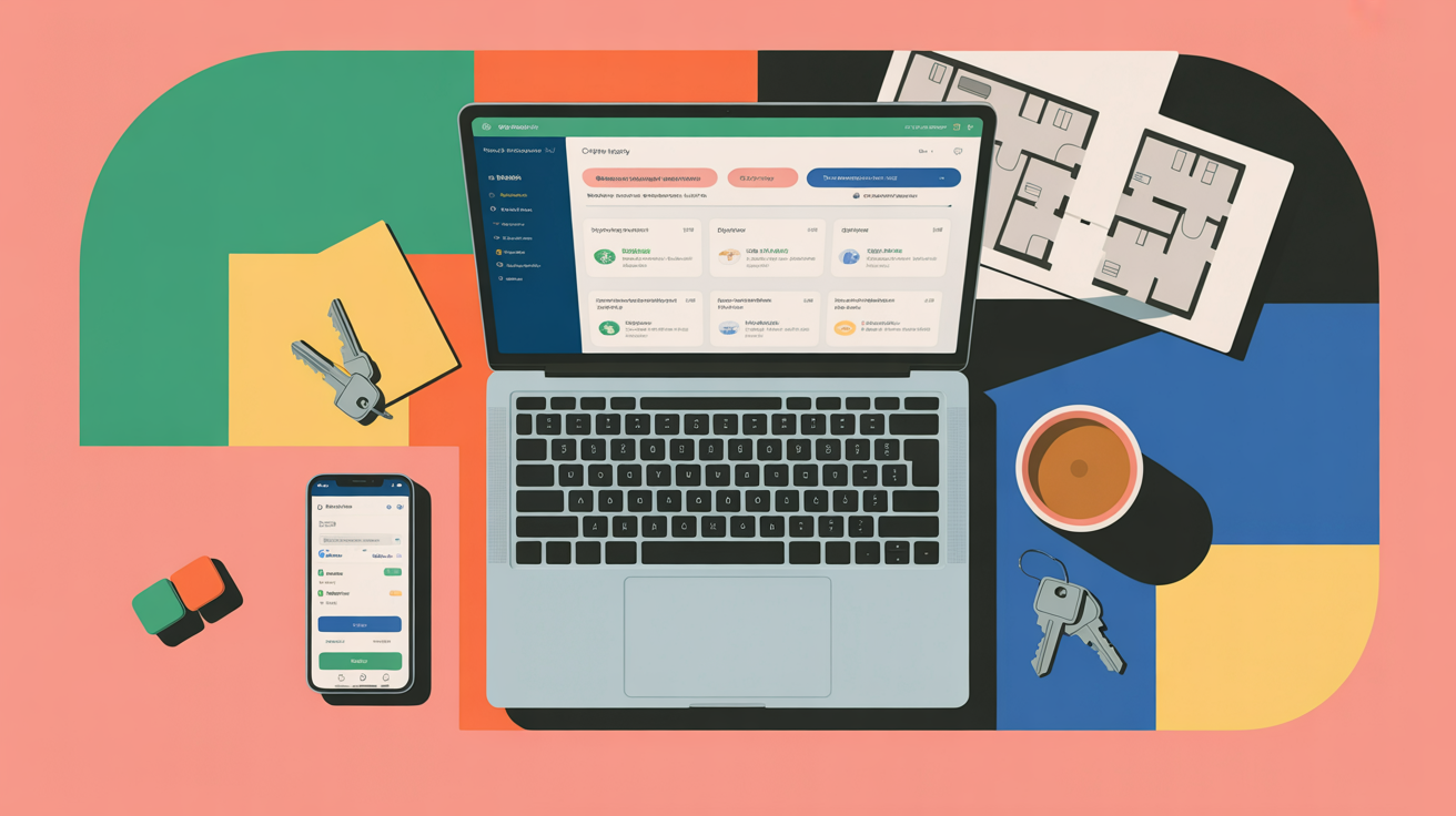 Overhead view of a property manager's organized workspace with laptop, phone, coffee, and property documents bathed in natural morning light