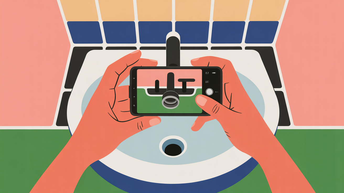 Close-up of hands using smartphone to photograph a maintenance issue in an apartment bathroom