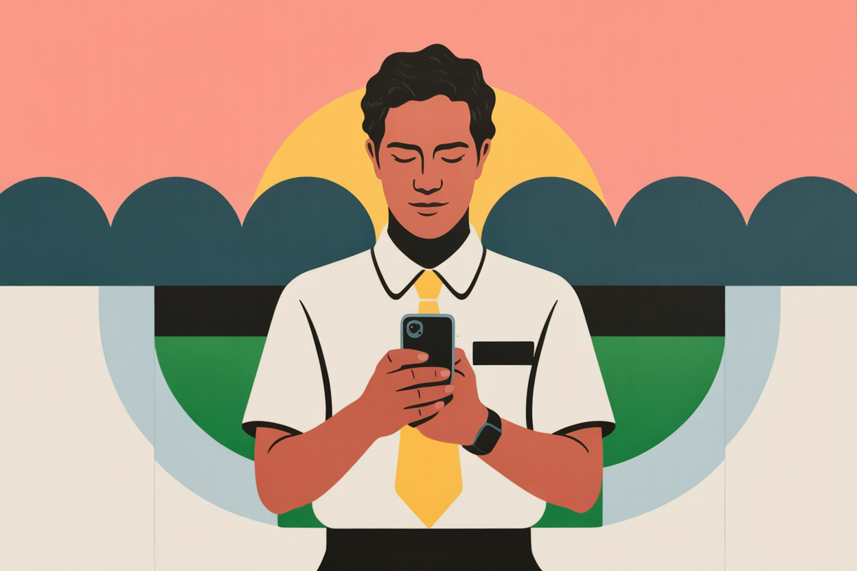 Property manager using smartphone to handle work matters while attending a children's soccer game