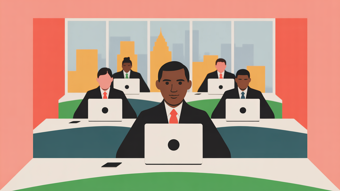 Modern real estate office with agents working at computers in natural sunlight with warm professional atmosphere