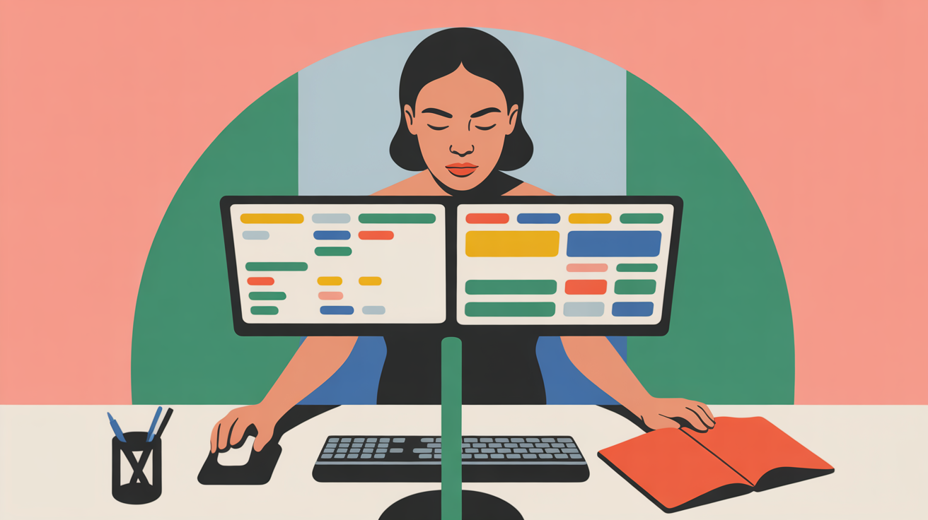 Professional woman focused on dual monitor setup in modern office, reviewing complex data during work