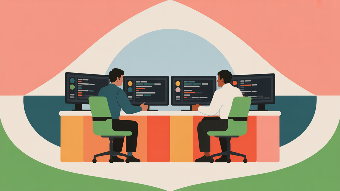 Bright modern software office with development team collaborating at workstations bathed in natural light