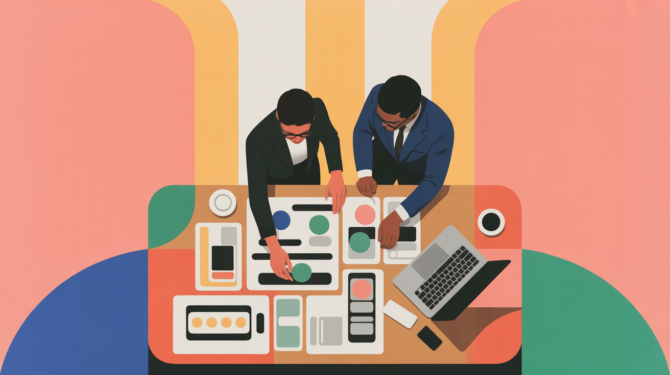 Overhead view of two professionals collaborating at a workspace table covered with design mockups and product sketches