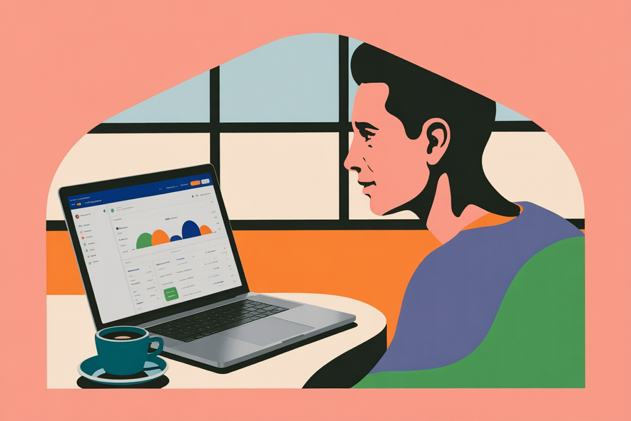 Entrepreneur reviewing customer acquisition metrics on laptop in naturally-lit coffee shop, contemplative side profile