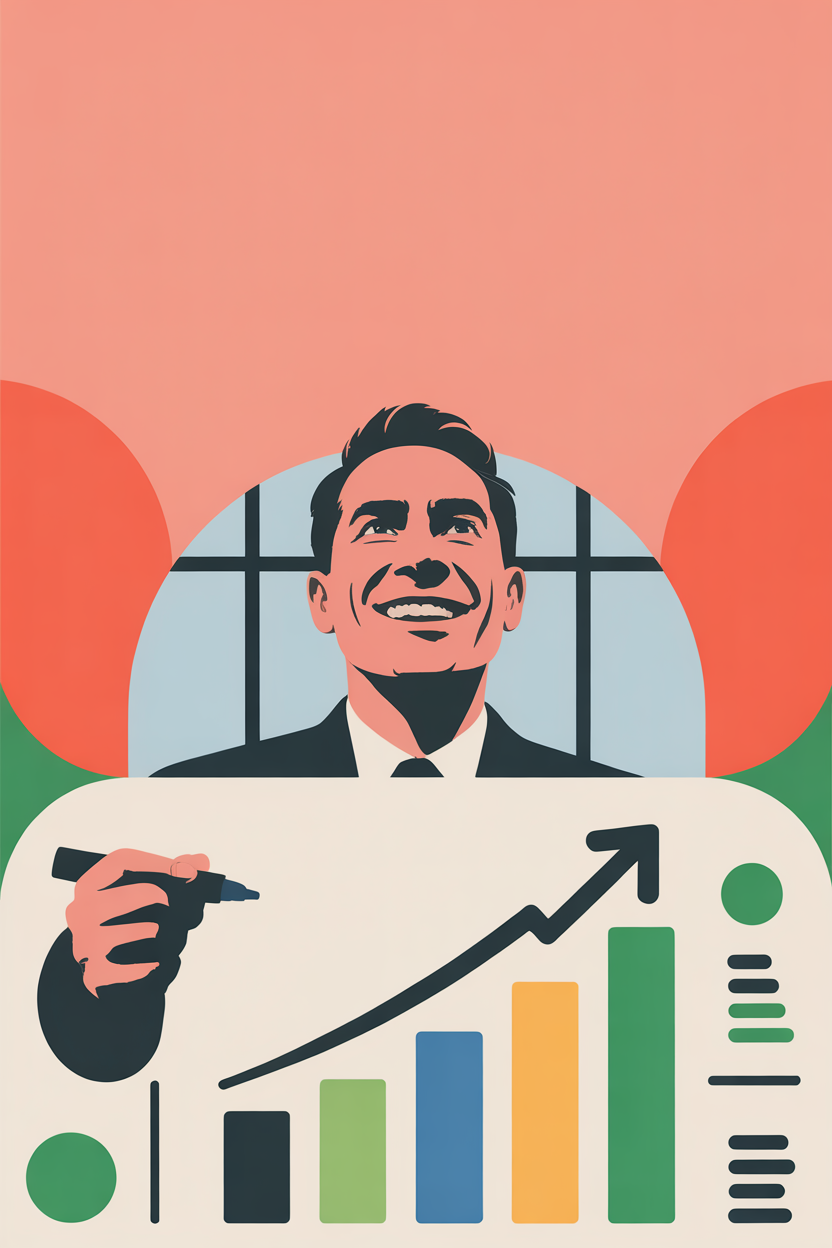 Professional presenting revenue growth metrics on whiteboard, low angle shot emphasizing confidence and business scaling
