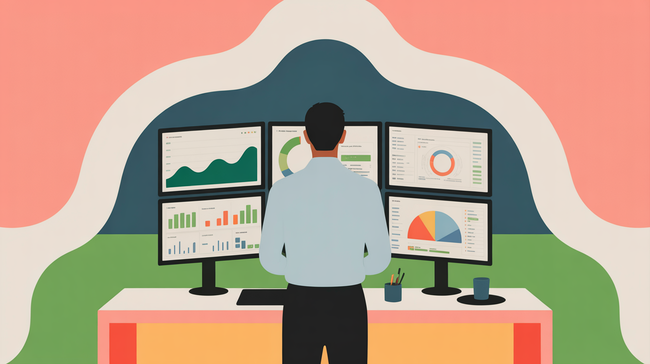 Modern startup office with entrepreneur analyzing metrics on multiple monitors in bright, naturally-lit workspace