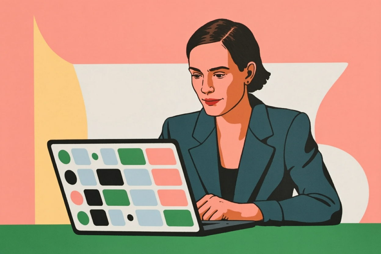 Professional woman concentrating on laptop in bright coworking space, experiencing first value moment with software