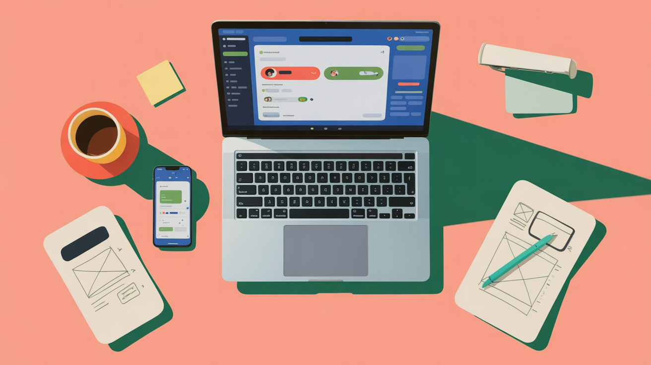 Overhead view of designer's workspace with laptop showing software interface and planning materials