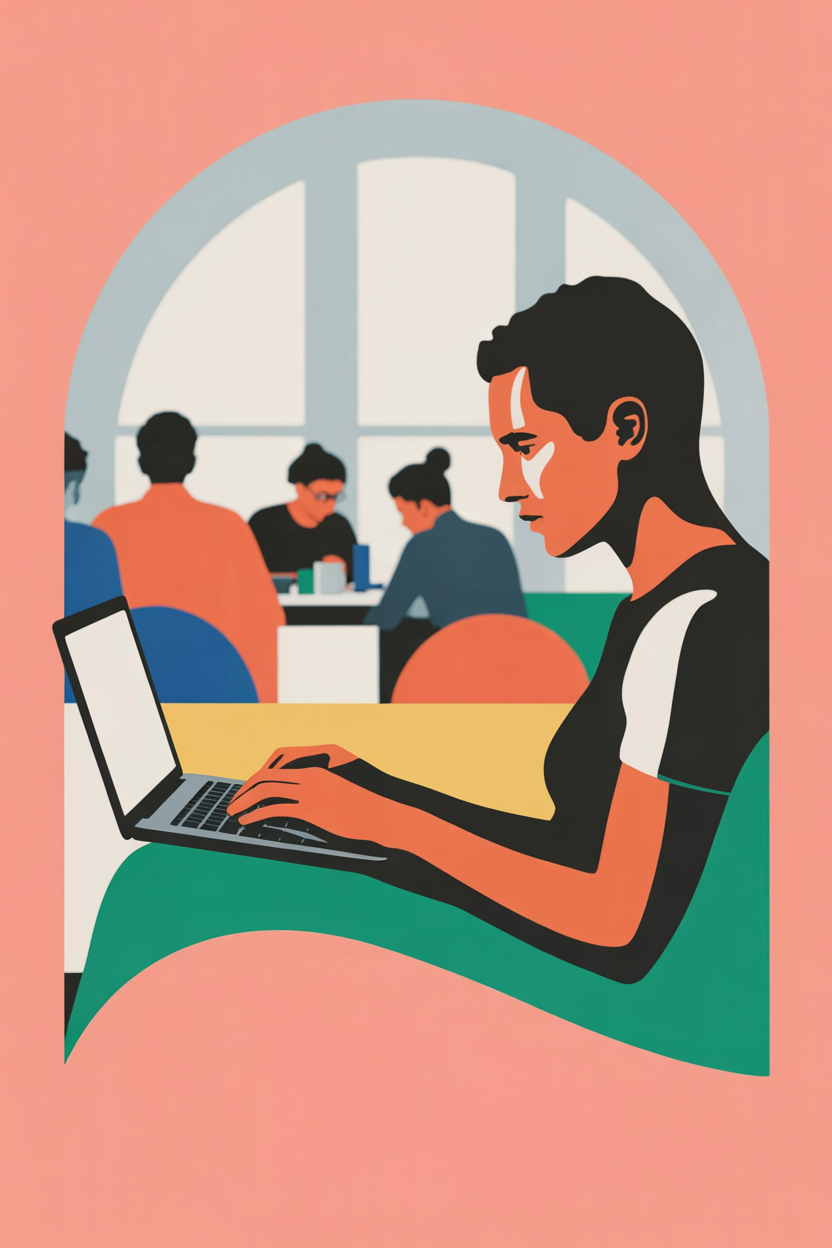 Solo entrepreneur coding in coworking space with concentrated focus, side profile with natural window lighting