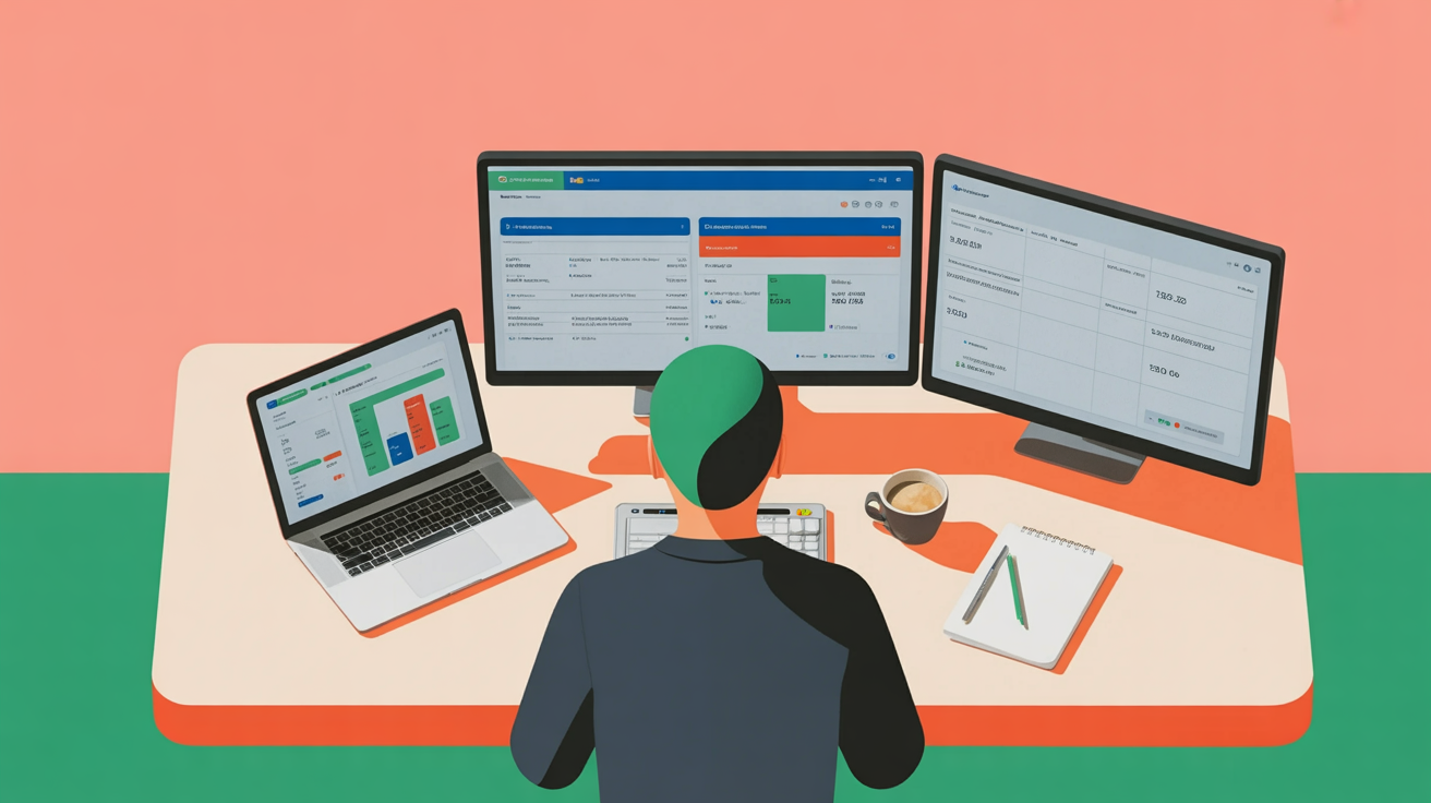 Overhead view of entrepreneur's workspace with multiple monitors, laptop displaying budget calculations, and coffee cup on a clean modern desk with natural lighting