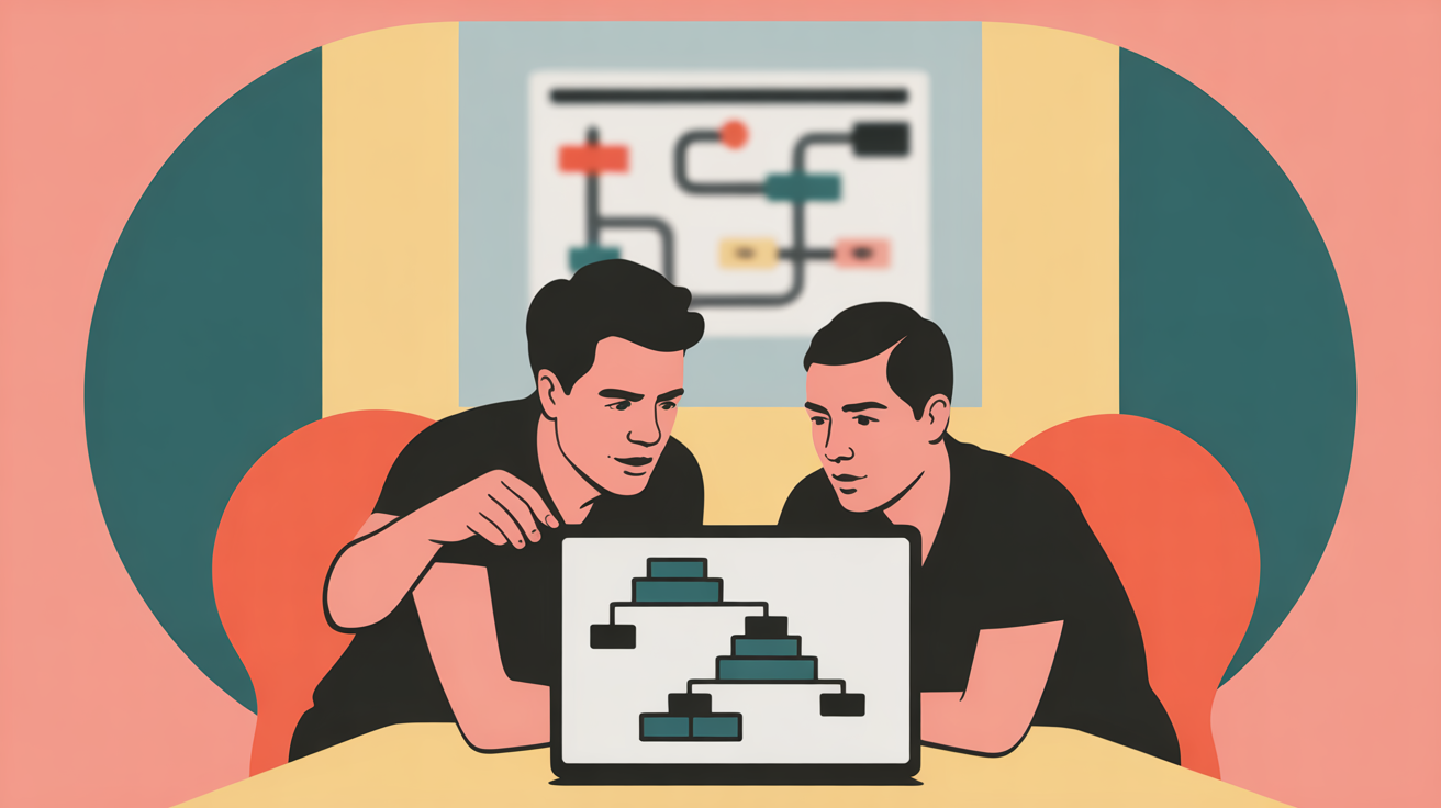 Two professionals collaborating over a laptop in a bright coworking space, discussing technical integration challenges with focused expressions