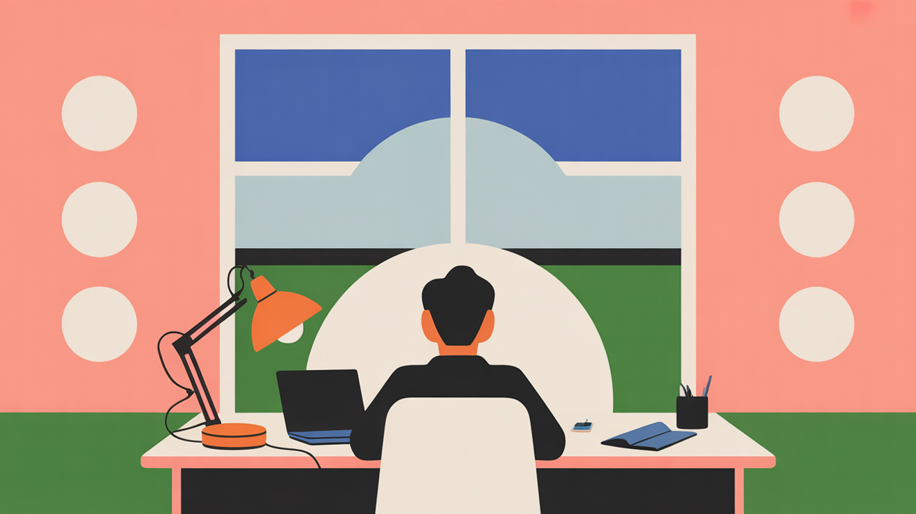 Entrepreneur working thoughtfully at minimalist desk during evening hours with natural and lamp light