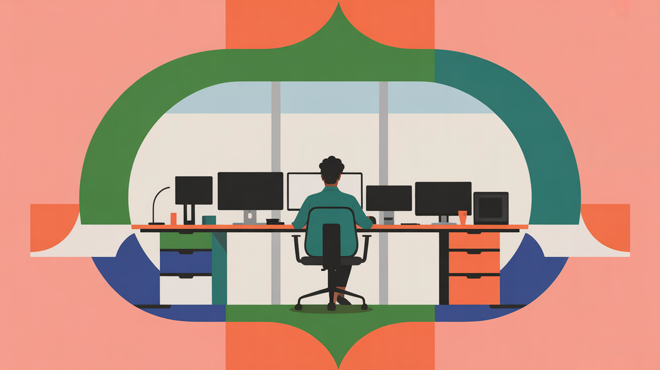 Modern startup workspace with entrepreneur at standing desk near large windows with natural morning light