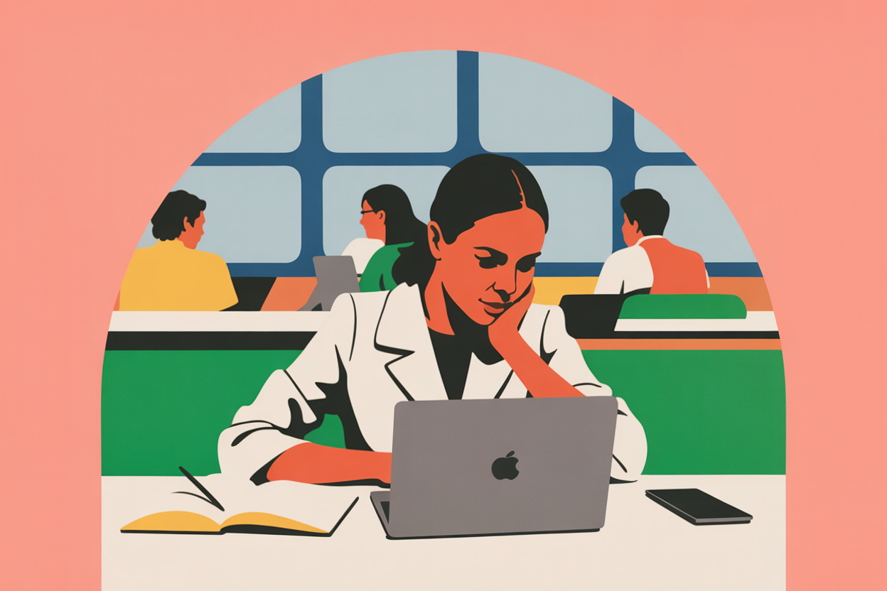 Woman focused on laptop research in bright coworking space with notebook open