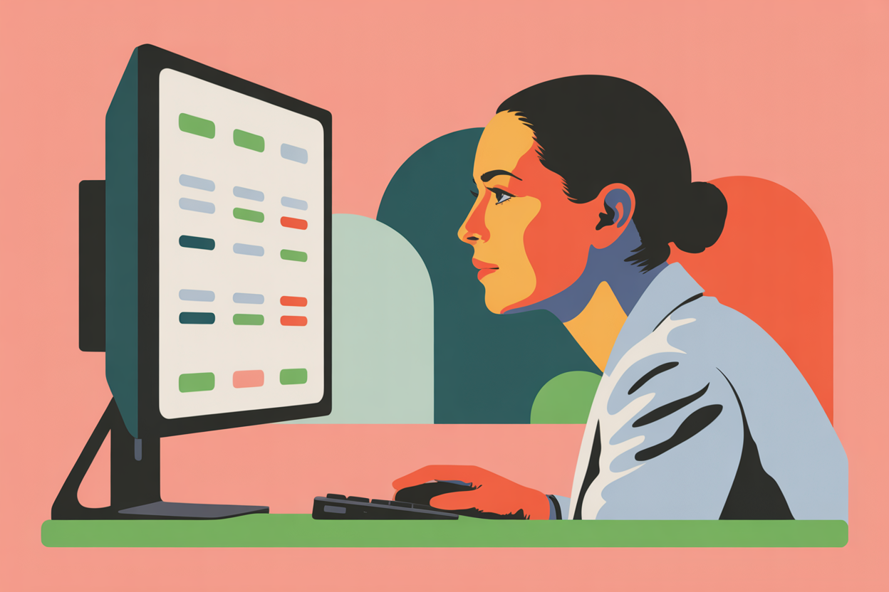 Female entrepreneur in profile reviewing data on monitor with natural window lighting