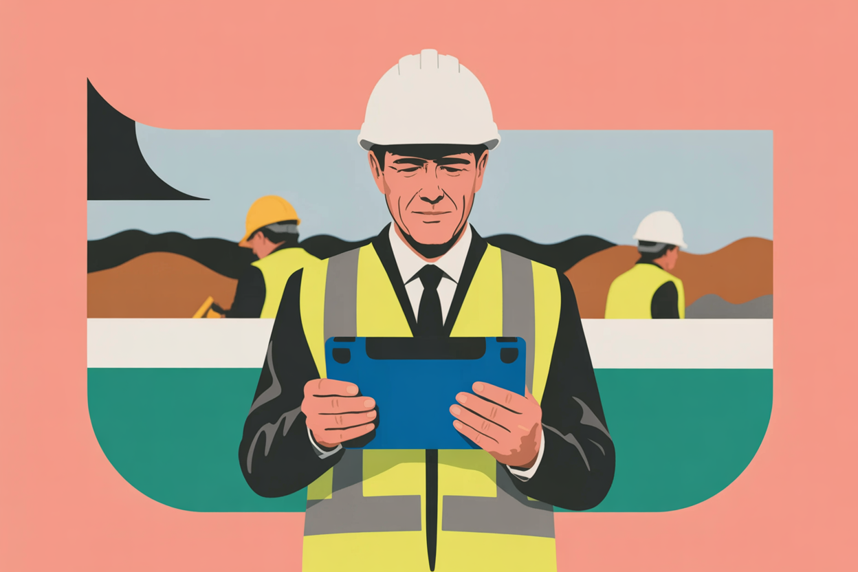 Construction manager reviewing digital project plans on tablet at job site