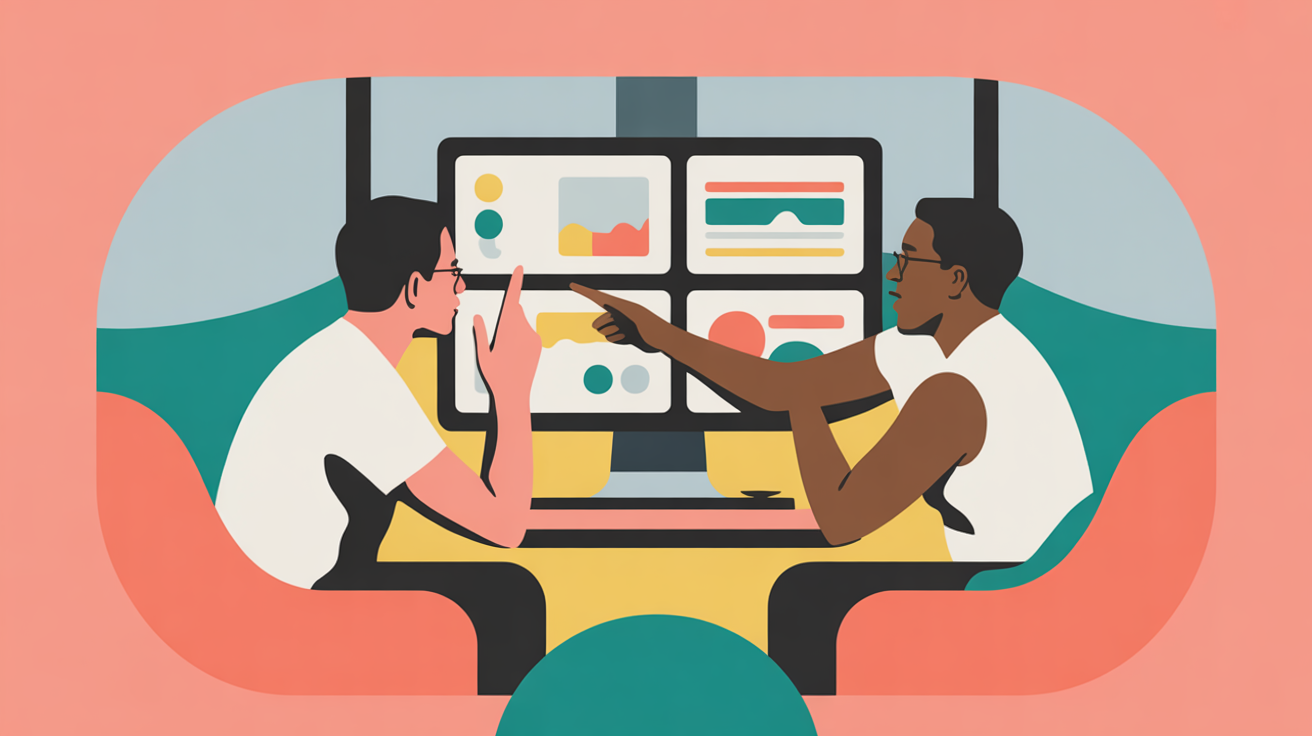 Team of three professionals analyzing ROI data on monitor in collaborative workspace discussion