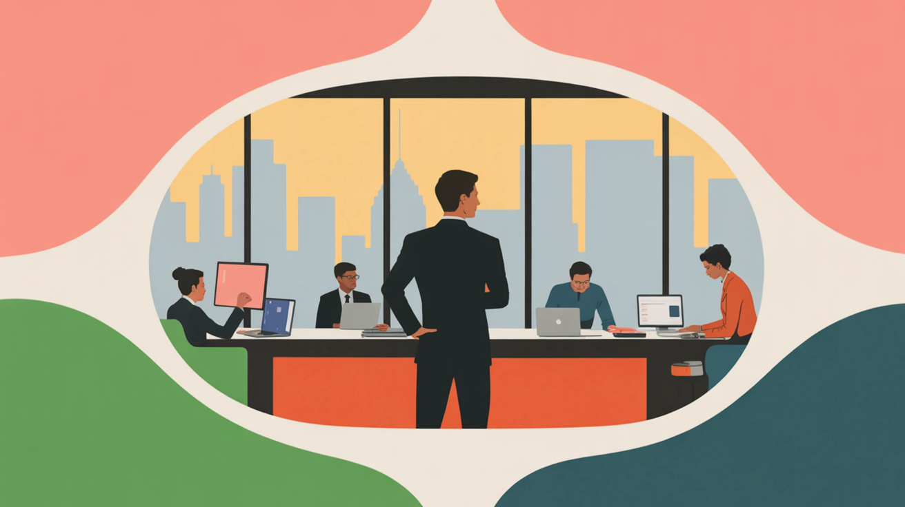 Entrepreneur contemplating the future of vertical AI software in modern office with team working collaboratively in background during golden hour