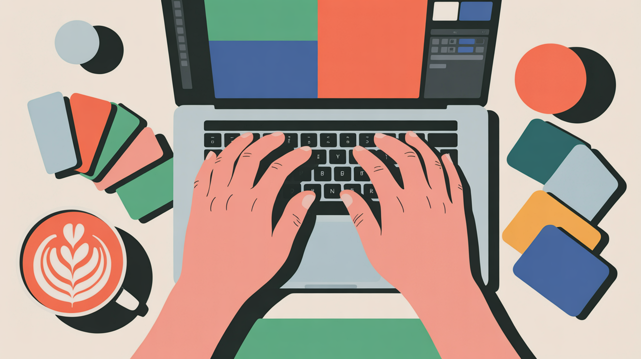 Close-up of designer's hands working on laptop with design software, coffee and material samples on desk in morning light