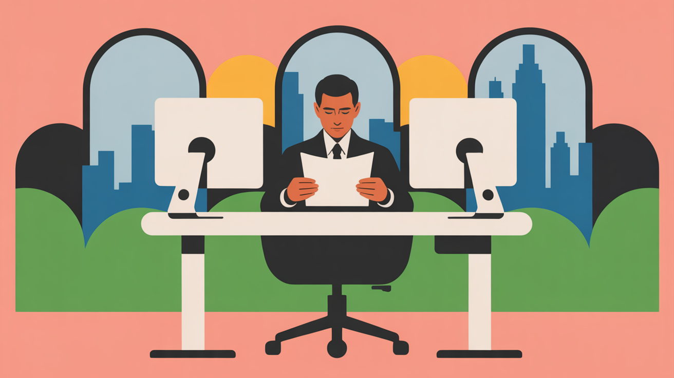 Business professional working intently at standing desk with dual monitor setup in modern office