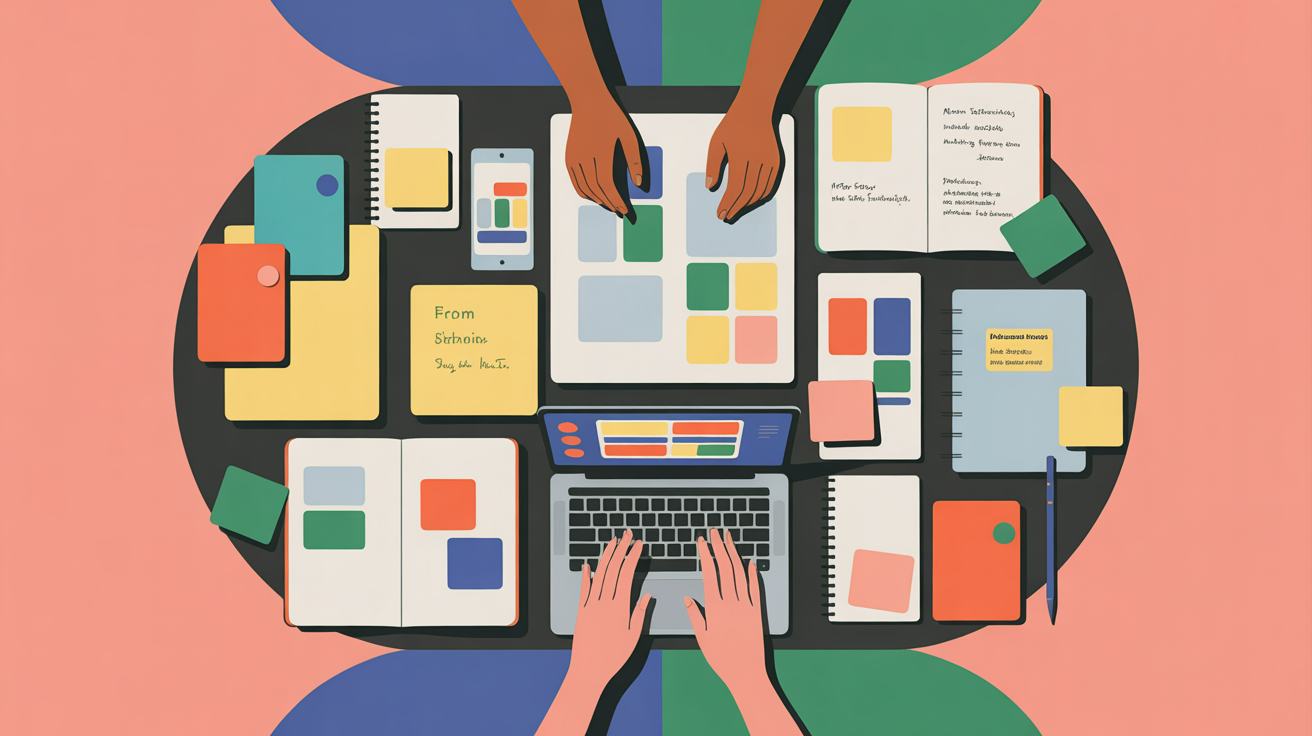 Overhead view of collaborative project planning session with sketches, notes, and design materials spread across table