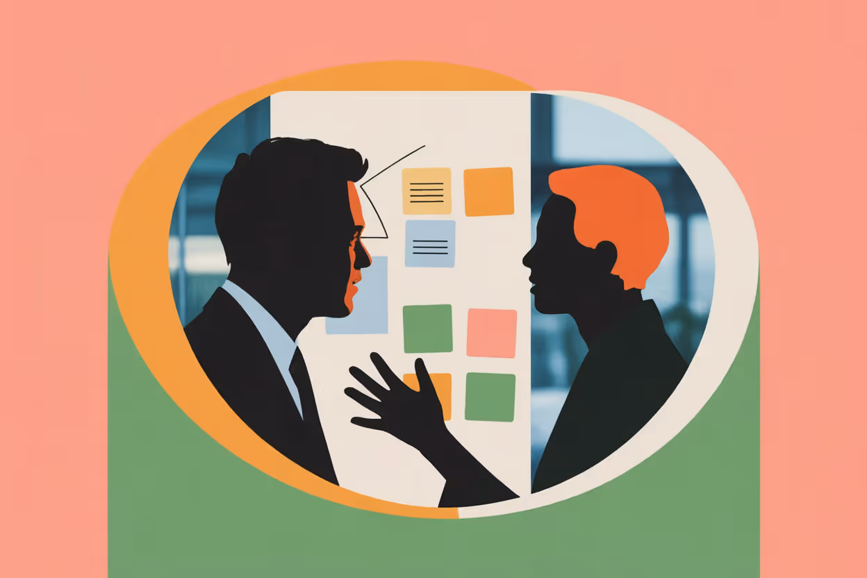Two professionals collaborating at whiteboard in side profile with natural window lighting