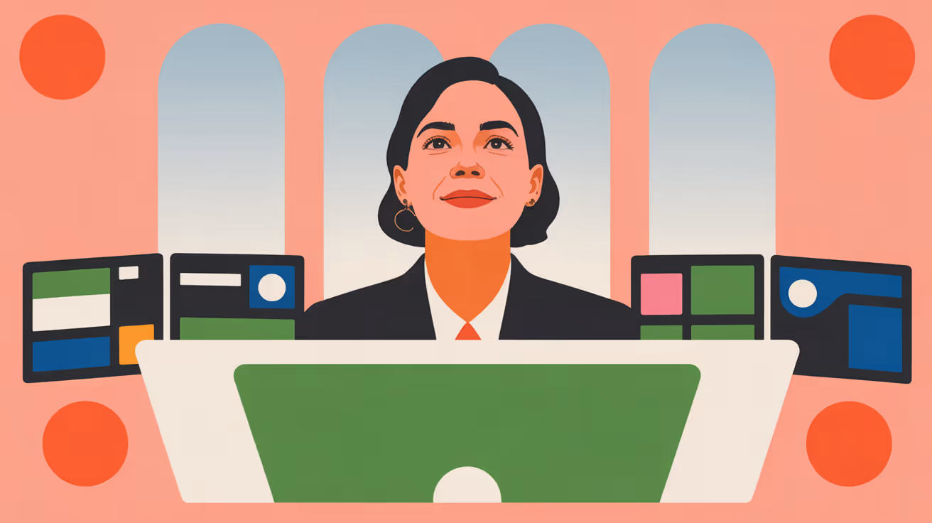 Professional woman confidently working at standing desk with multiple monitors in modern office