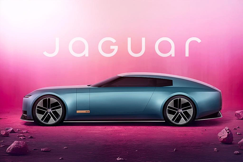 The new Jaguar logo featured on a bright pink background above the new type 00 concept car.