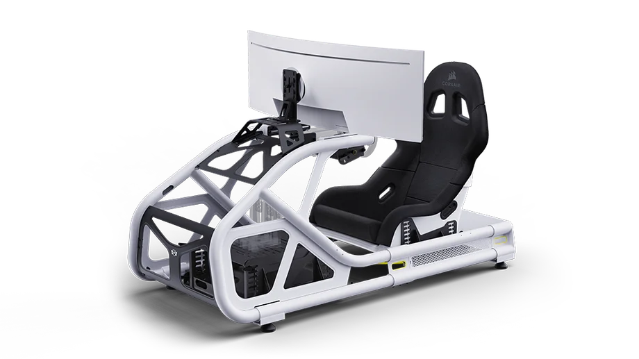 Corsair sim racing cockpit in white with a curved monitor.
