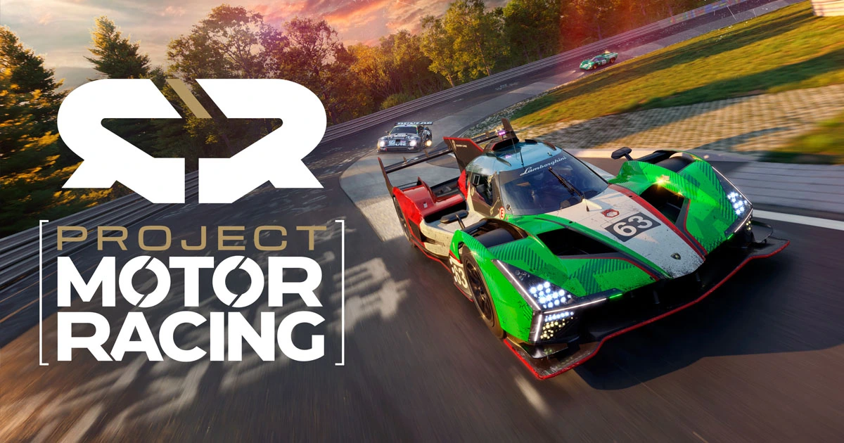 The Project Motor Racing logo featured alongside a green prototype car racing along a track