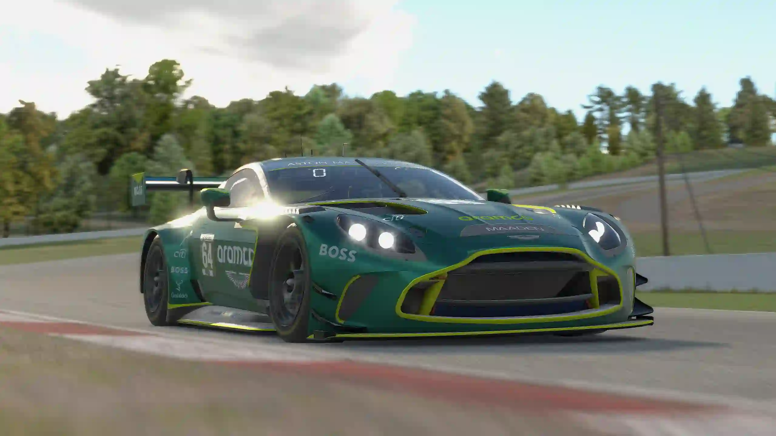 The Aston Martin Vantage GT3 going around a corner on iRacing.