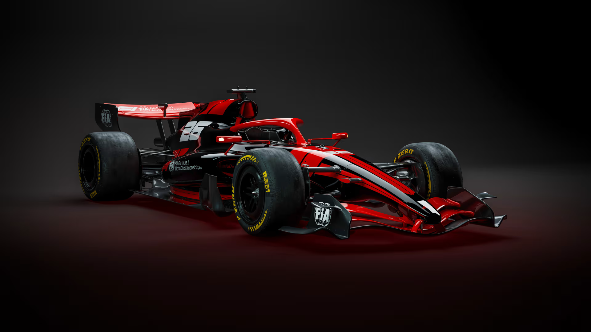 A new 2026 F1 car in a red and black livery against a black backdrop