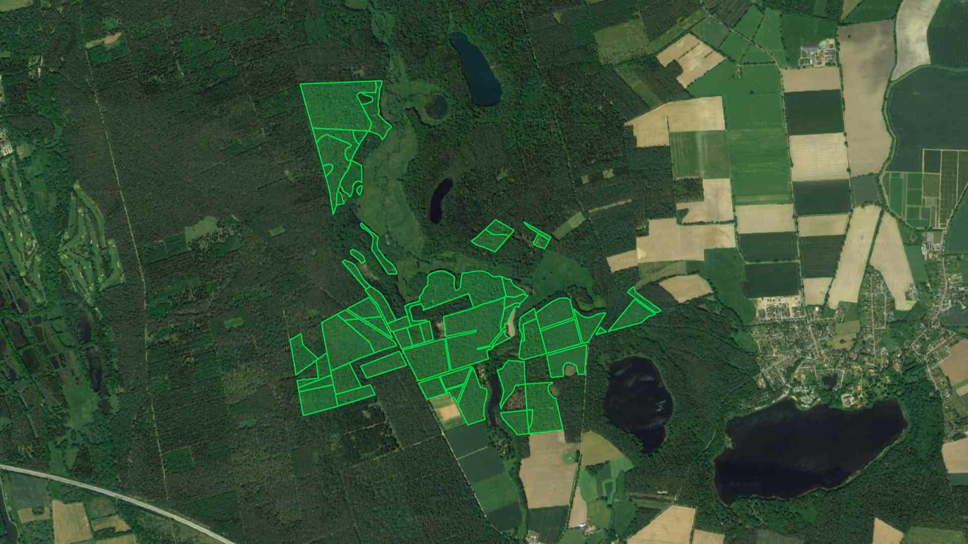 Luftaufnahme von Wald- und Ackerflächen mit markierten Grundstücksgrenzen in Grün.