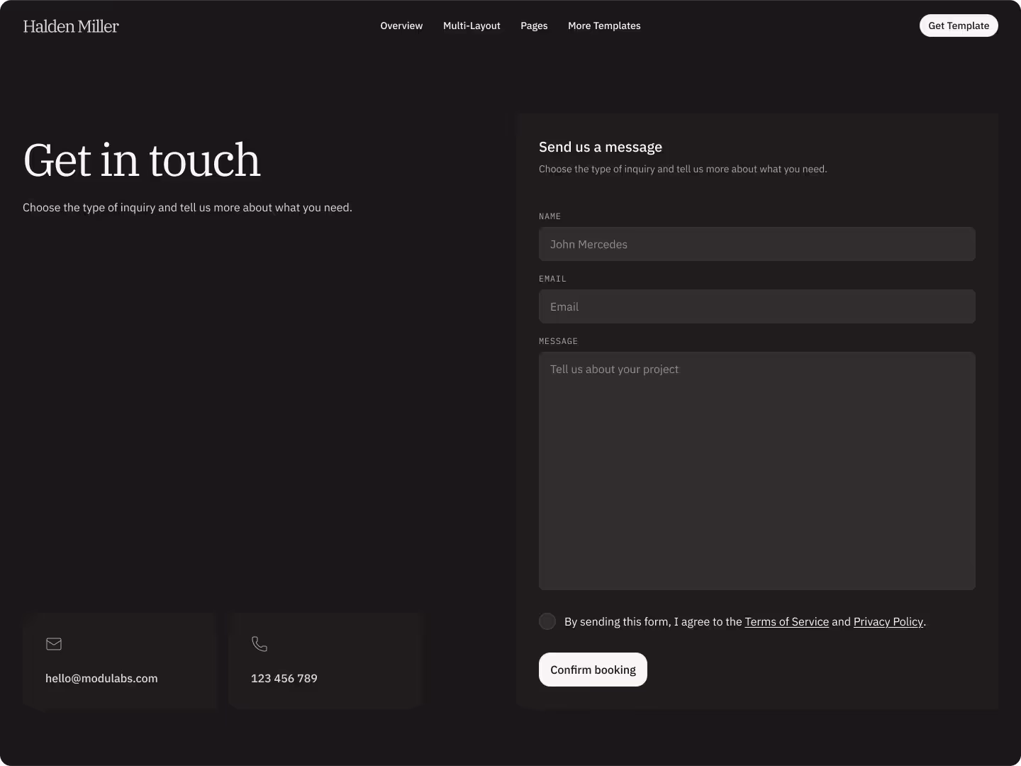 Contact page layout in dark theme with form fields and contact details.