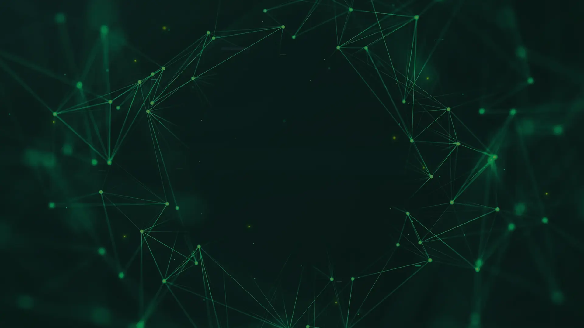 Abstract circular network of glowing green nodes connected by lines on a dark background.