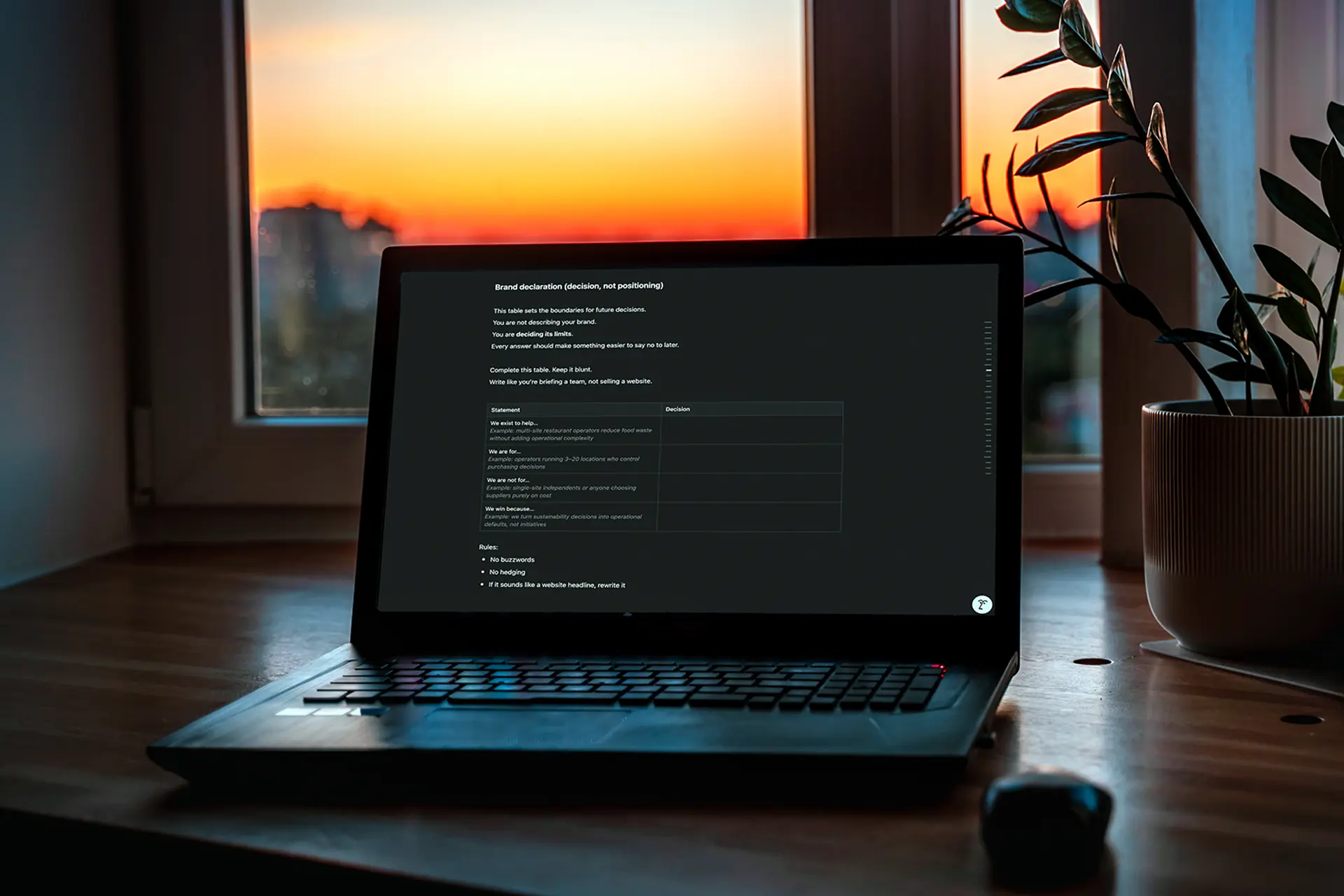 Laptop on a wooden table near a window with a plant, displaying a dark-themed brand declaration document on its screen at sunset.