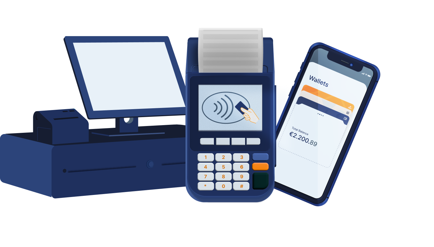 A cash register system, payment terminal and smartphone with digital wallet