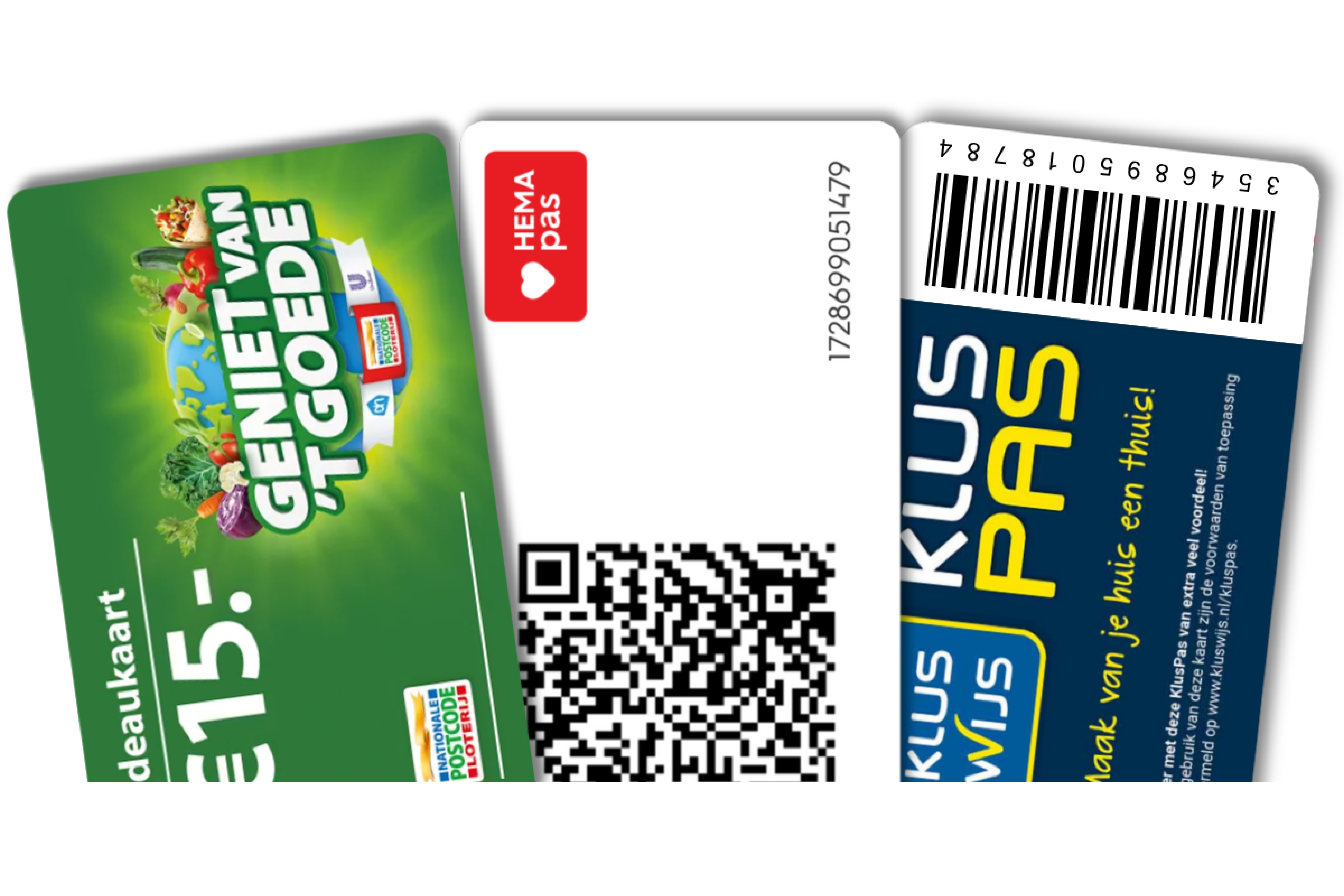 Loyalty cards from HEMA and Kluswijs and a card from a promotional campaign: Geniet van 't Goede from the Postcode Lottery